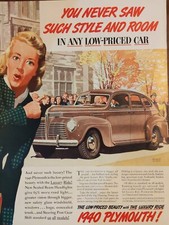 1940 Plymouth automobile print ad, you never saw such style in room