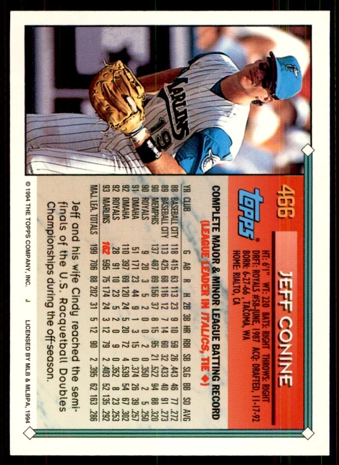1994 Topps Jeff Conine Baseball Card #466 - Image 2 of 2
