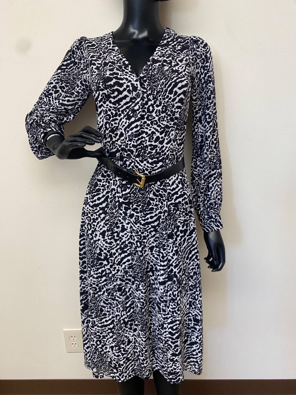 Michael Michael Kors Women's White & Black Animal Print Kate Belted Dress NWT