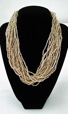 Handmade Necklace GLASS BEADS KHAKI BEIGE Tone 18 inch 20 Strand Adjustable