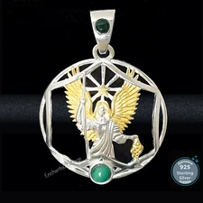 STERLING SILVER 925 ARCHANGEL RAPHAEL GOLD PLATED w/ 2 MALACHITE PENDANT JEWELRY