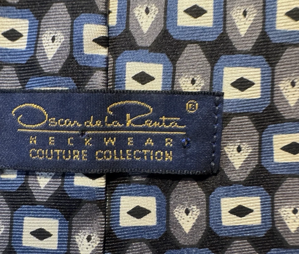 Corbata Oscar de la Renta Couture negra beige azul topo 100 % seda 4" ancho 58" largo Foto 4 de 4