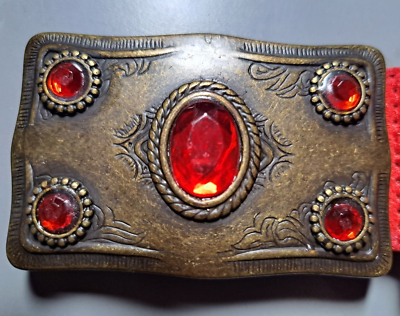 Vintage 80s Belt Red Suede Leather Metal Stones Buckle 