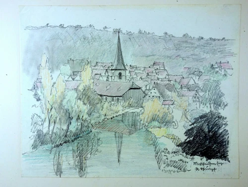 Genuine Drawing Rudolf Schrimpf Mühlhausen Enz around 1920 Sig. Mühlacker Pforzheim