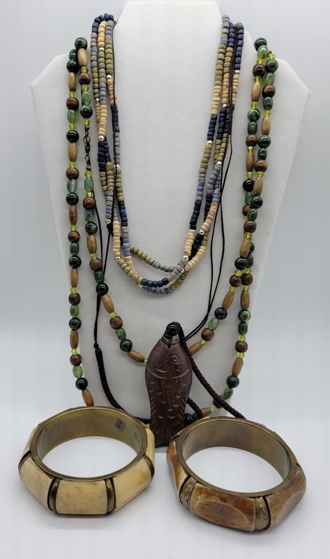 Boho Tribal Wooden Beads Large Fish Pendant Blue Green Brown Jewelry Lot