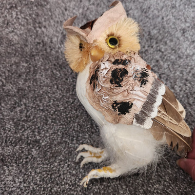 Vtg Handmade Owls Tree Bark Feathers