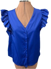 SHEIN Blue V Neck Button Up Ruffle Sleeve Top Size Large