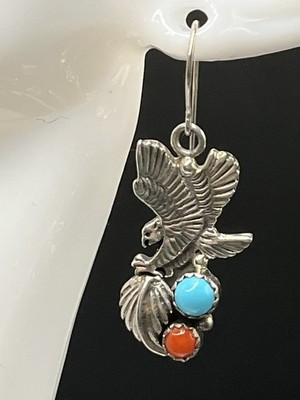 Navajo Turquoise & Coral Flying Eagle W/Feather Dangle Earrings Signed 1.5 ￼