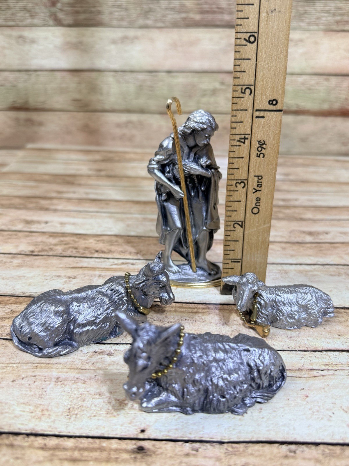 Cathedral Art Pewter Gold Gilt Doug Corsini Shepherd Donkey Sheep Ox Nativity