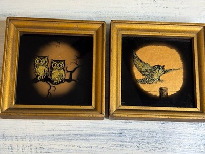 Glass Mirrored Carnival Prize Tile With Owls Framed 6x6 - Set Of 2 Owl Pictures