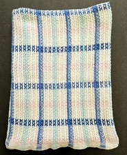 Vtg Plaid Open Weave Cotton Baby Blanket White Blue Pink Pastel Navy Aqua Knit