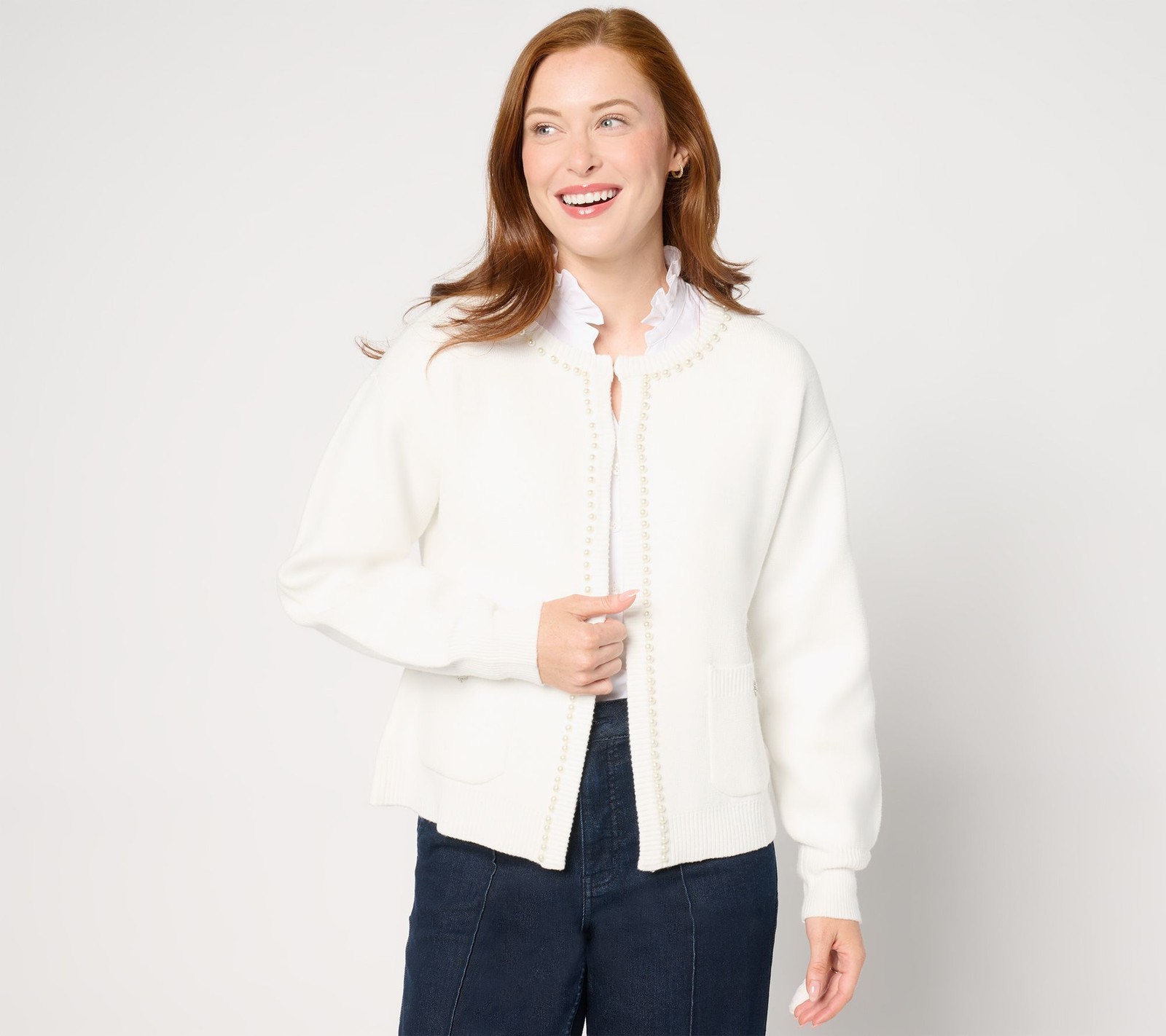 Studio Park Women's Top Plus Sz Sweater 1X Pearl Embellished White A668770