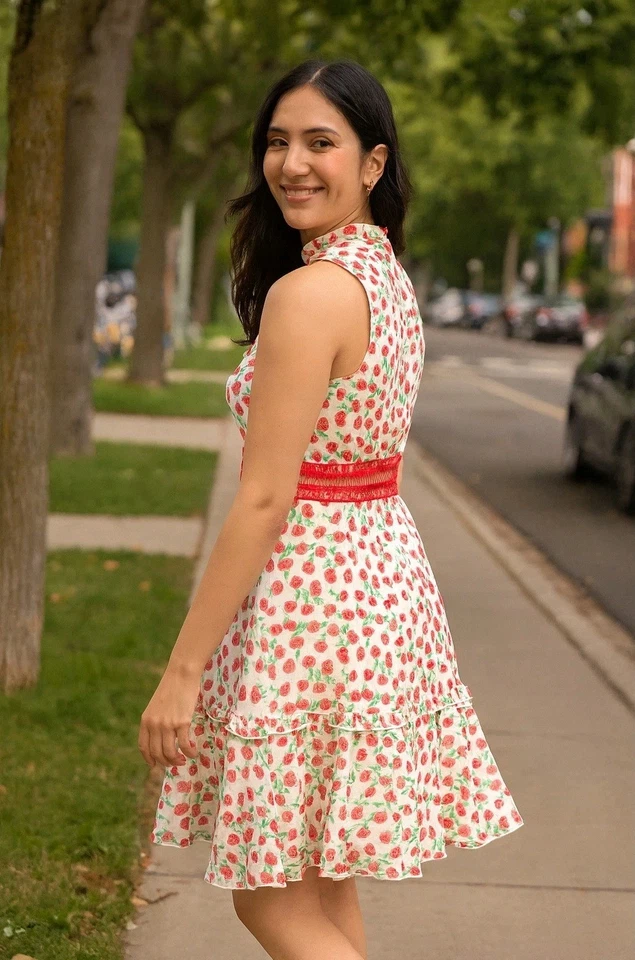 Vestido DONNA MORGAN Ajuste Sin Mangas Acampanado Talla 8 Estampado Rosa Volantes Encaje Blanco Rojo Foto 2 de 4