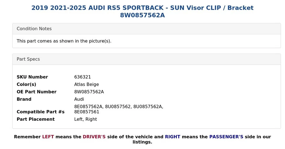 AUDI RS5 SPORTBACK 2019 2021-2025 - Parasol Clip/Soporte 8W0857562A Foto 4 de 4