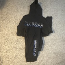 HUGO Black Men's Regular Size Tracksuit Set Hoodie  Pants Logo Accent Sweatsuit