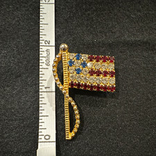 Vintage Rhinestone American Flag Pin Brooch Red White & Blue