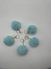 Lt Blue Pom Pom Keychain 25 Fluffy Plush Ball Key Ring Purse Charm gold Aqua