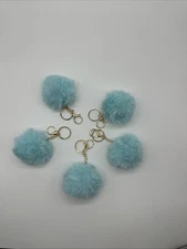 Lt Blue Pom Pom Keychain (5) Fluffy Plush Ball Key Ring Purse Charm gold (Aqua)