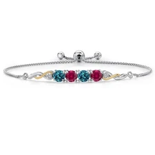 925 Silver and 10K Yellow Gold London Blue Topaz and Created Ruby and White Lab