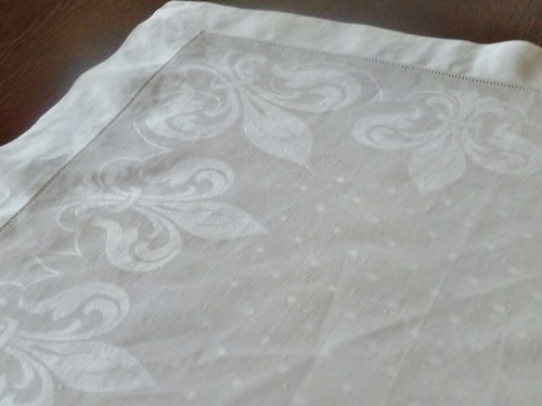 Vintage 60”Sq  Damask Linen Tablecloth Drawn Hem  Fleur De Lis  Pattern