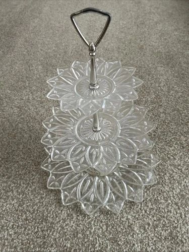 Federal Glass Petal Pattern 3 Tier Clear Plates Serving Tray Handle Vtg