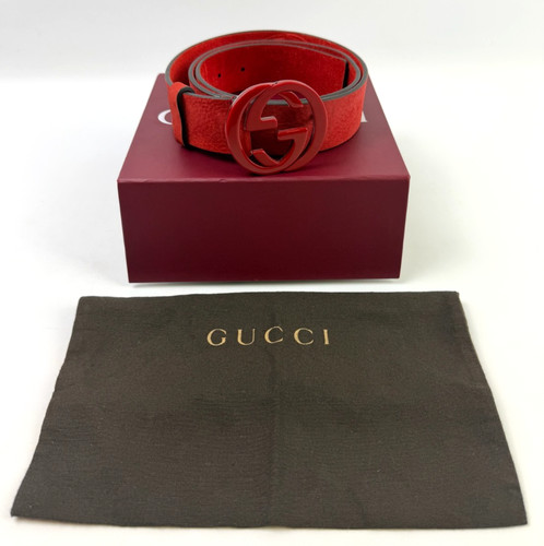 Authentic Gucci Interlocking Red Calf Suede Belt Size 40/100 w/ Dust Bag & Box