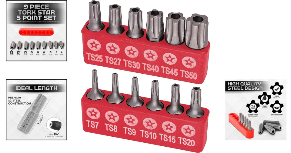 Compact 9Pc Torx Bit Set - Tamper-Resistant for Automotive & Electronics - Image 2 of 4