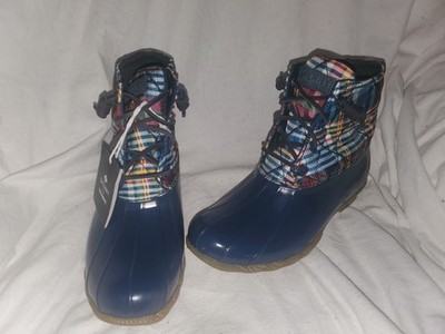Sperry Quilted Rubber Saltwater Duck Boots New Navy Blue Plaid 