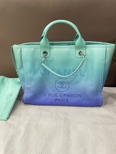 Chanel Deauville Tote Blue Green Ombre Calfskin Silver HW Bag Auth