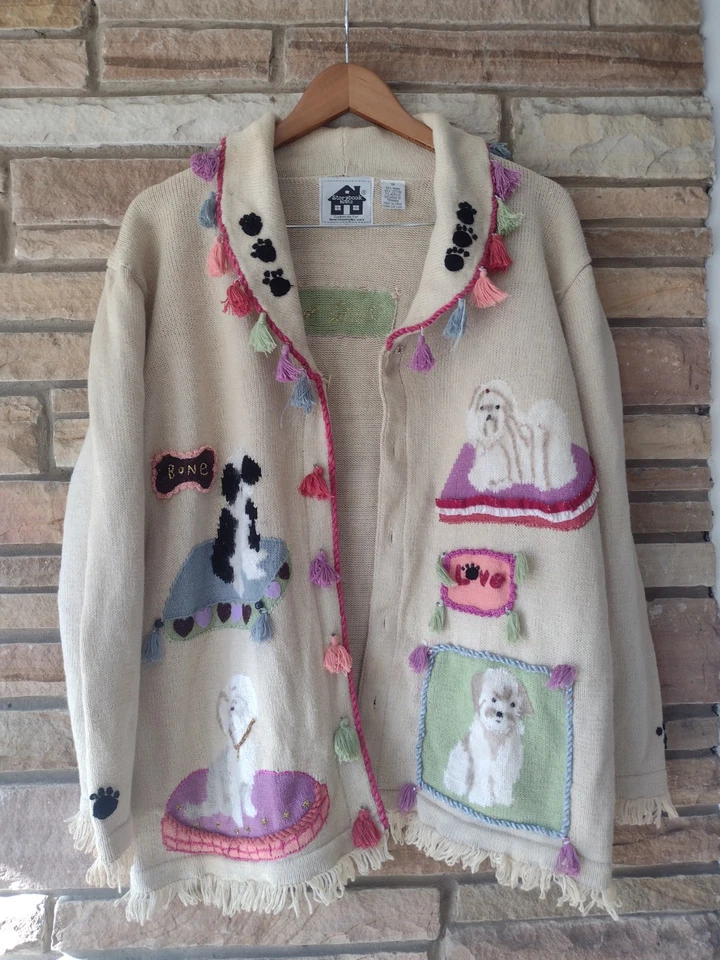 Suéter de Colección Libro de Cuentos Tejidos Shih Tzu Perro 1X Borlas Flecos Pata Estampado Beige HSN Foto 3 de 4