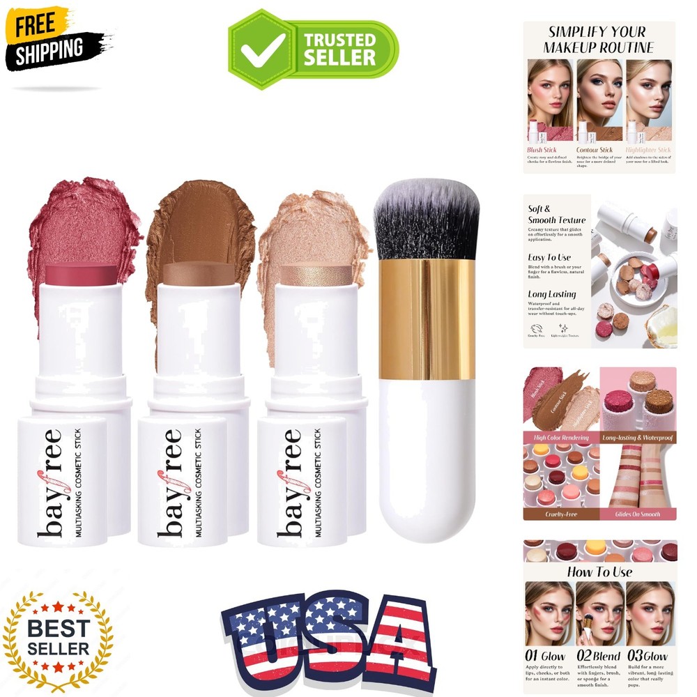 Face Sticks Trio, Cream Blush Stick & Highlighter Stick & Contour Stick for S...
