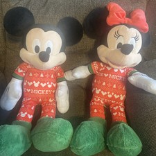 Disney Mickey  Minnie Mouse Plush 20 In Flannel Christmas Pajamas Plush