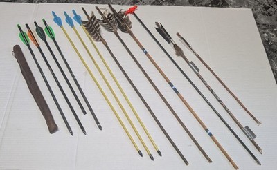 Mixed Archery Arrows Lot 13 Wood Carbon Fiberglass Feather Fletched Field Tips