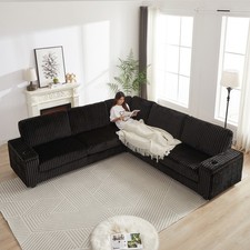 110" L-Shaped Corduroy Sectional Sofa w/ Storage, USB  Cup Holders