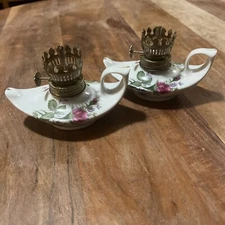 Set Of Small Gennie Oil Table Lamps Ries Hand Painted - Missing Tops