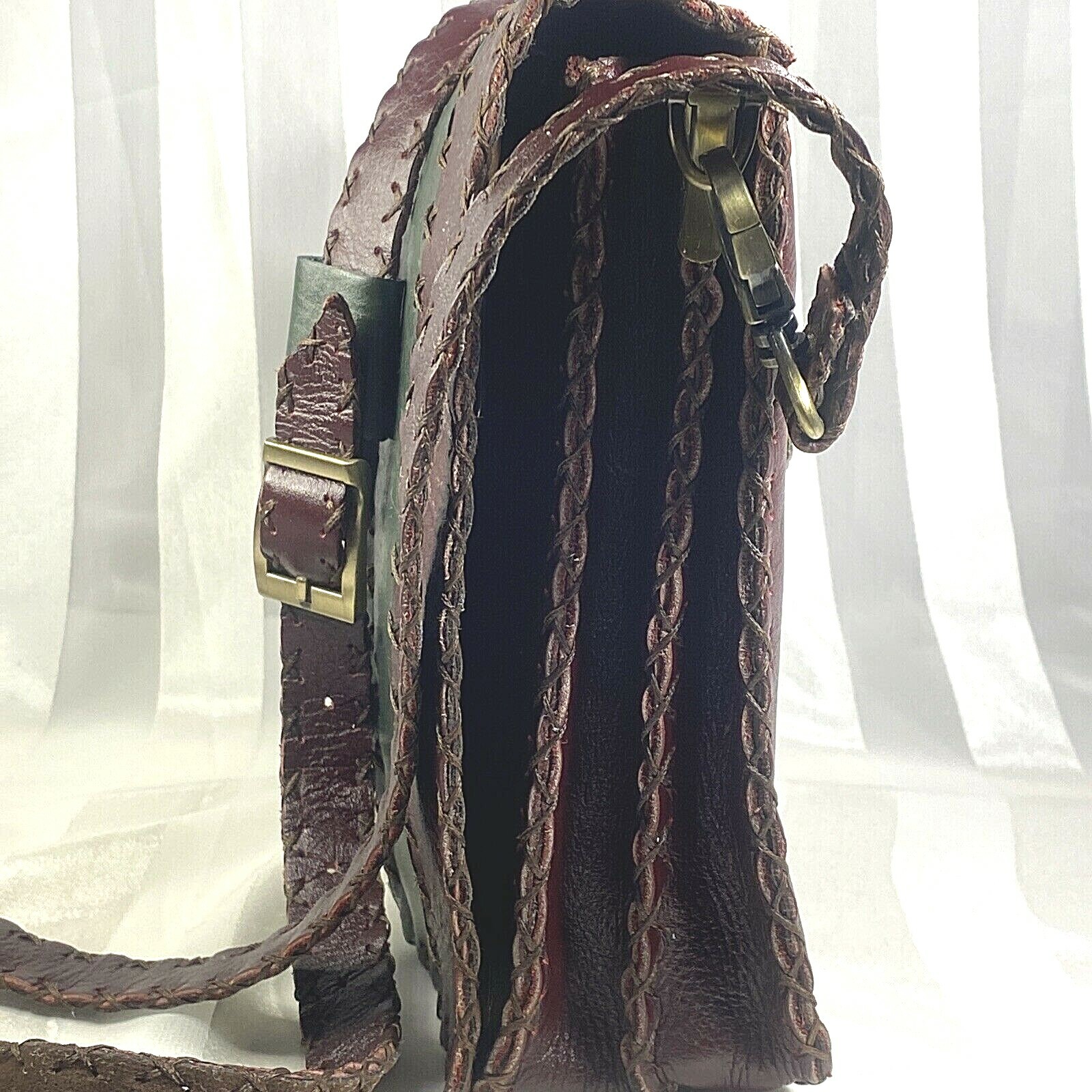 Artisan Handmade Green & Brown Striped Leather Sh… - image 2