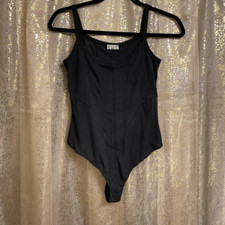 Intimately Free People Black Ribbed Thong Back Bodysuit, S