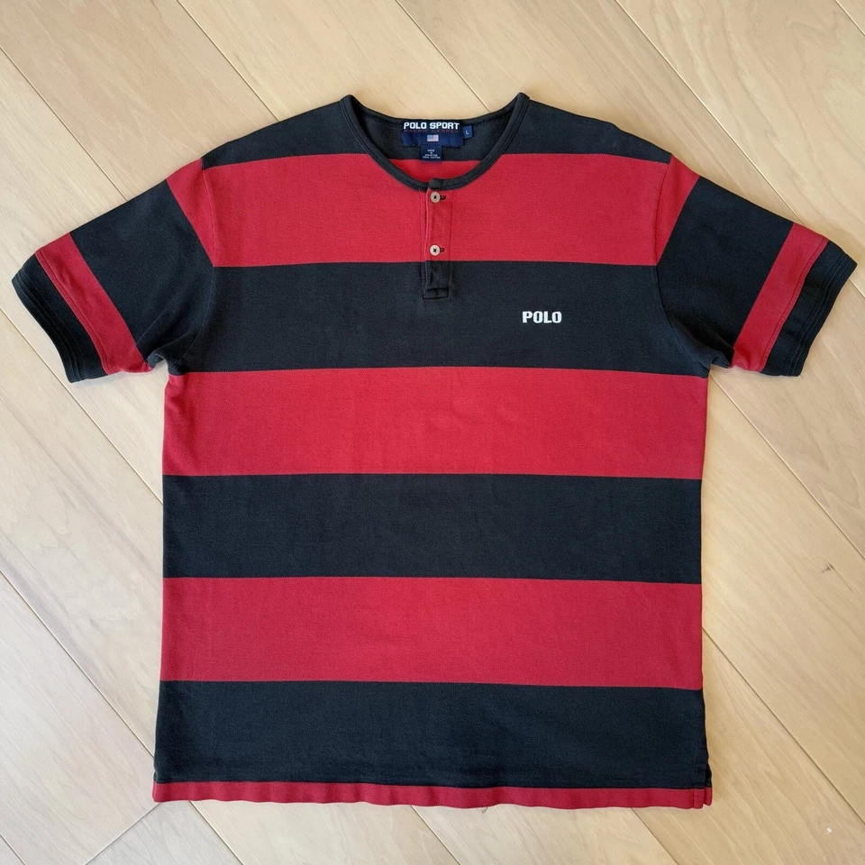 Винтажная спортивная рубашка Polo L красная черная в полоску 90 короткий рукав Henley New York RRL - Изображение 2 из 4