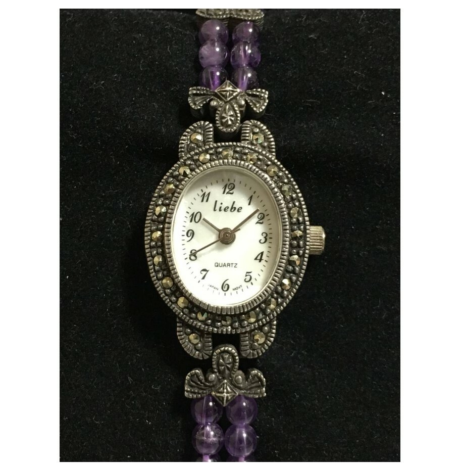 Quartz Watch Liebe Marcusite Bezel & Amethyst Belt 925 Japan