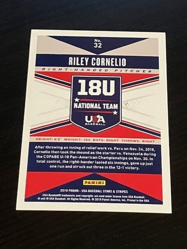 RILEY CORNELIO 2019 Panini USA Baseball Stars & Stripes Longevity SAPPHIRE /49 - Picture 2 of 2