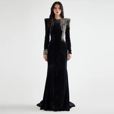 American Style Women Beading Tassel Rhinestone Trailing Dress Velvet Long Sleeve