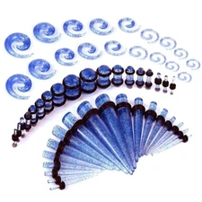 18-54Pcs Ear Stretching Kit Blue Acrylic Spiral Taper Plug Piercing Set 14G-00G