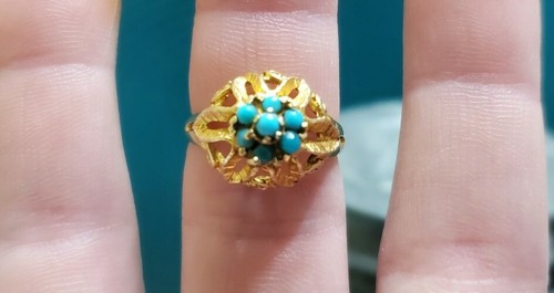 18k Yellow Gold Ring Turquoise Vtg Openwork Ring Sz 6.5 *3.11g* - Picture 9 of 12