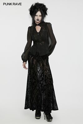 Punk Rave Black Retro Gothic Lace Patch Lantern Sleeve Turn-Down Collar Shirt