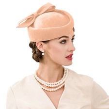 Khaki Wool Felt Beret  Fascinator Hats For Women Tea Party Bow Derby Pillbox Hat