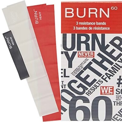 Burn 60 Set of 3 Resistance Bands Heavy Medium & Light Exercise Training
