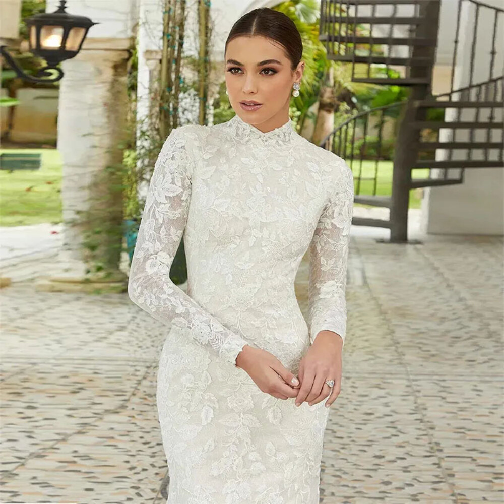long sleeve mandarin collar wedding dress MORTELLA: Long Sleeve Mikado A-Line Gown with Mandarin Collar