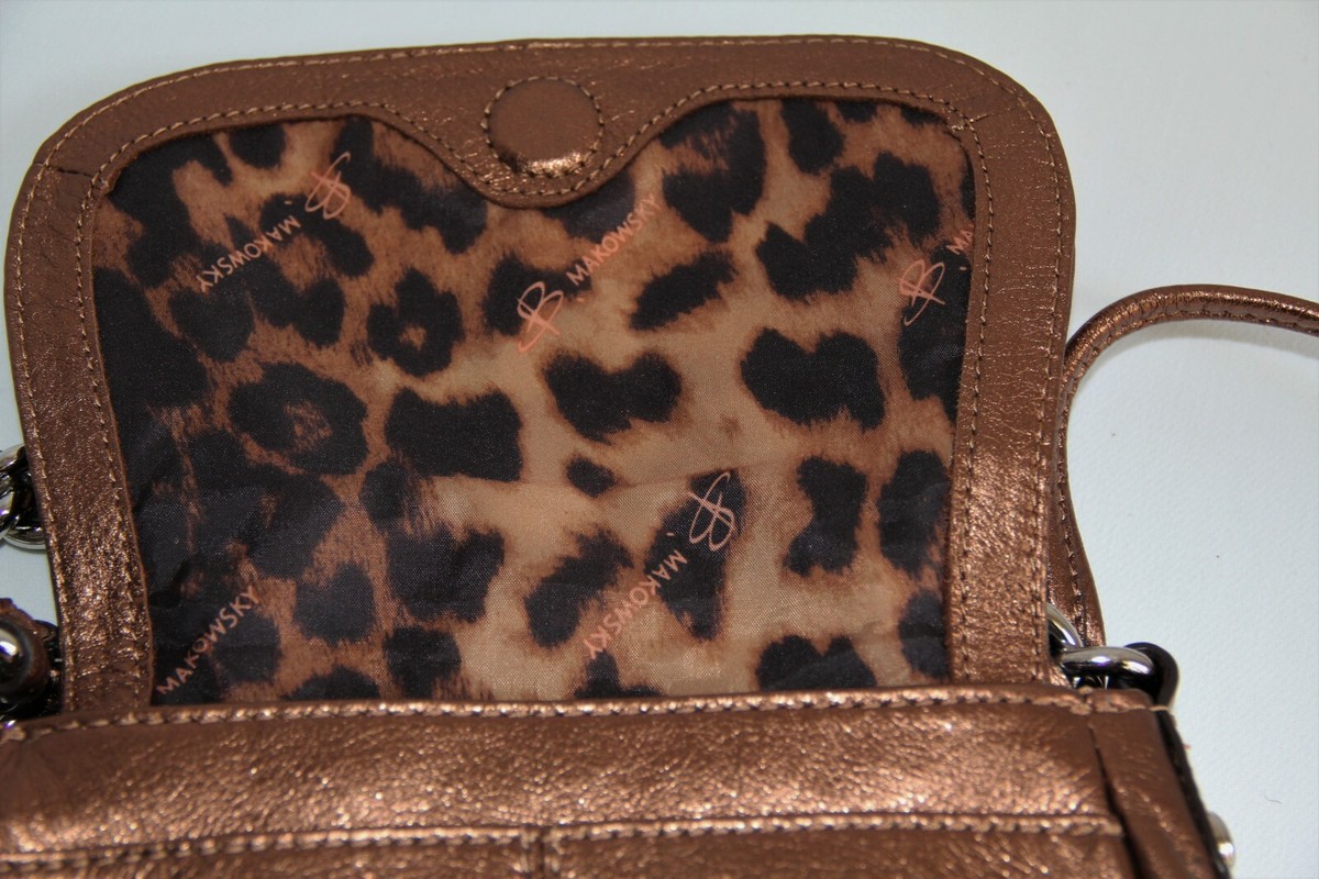 B Makowsky Copper Bronze Leather Chunky Chain/Crossbody Bag