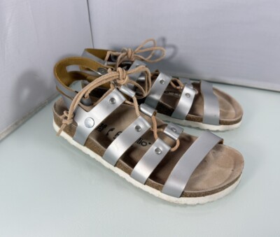 Papillio Women’s Birkenstock Birkis Cleo Silver Gladiator Lace Up Sandals,  EU 38