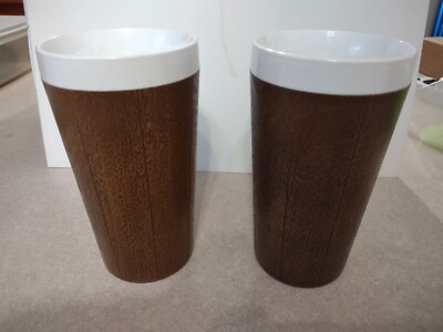 Vintage Thermo Serv West Bend Faux Wood Grain Insulated Tumbler Cup Set of 2